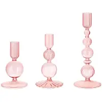 LONGZIMING -Kerzenhouders - Borosilicaatglas - Handgeblazen Vintage Design Met Streepjes / Brede Basis - 3 Stuks - Tafeldecoratie Roze