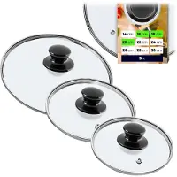 Kadax Pandekselset, universeel deksel van glas met handvat, hittebestendige dekselset in verschillende maten, pannendekselset, glazen deksel voor pot, pan (16 + 18 + 20 cm, glanzend zwart handvat)