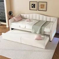 STILVORA Eenpersoonsbed 90x200 cm – Uitschuifbaar Onderschuifbed en Slaapbank – LED-Sfeerverlichting – Linnen;MDF – Beige – Zonder Matras