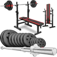 Hop-Sport 1080 Verstelbare Fitnessbank, Inclusief Krachtstation met Lange Halterset en Gewichten, Ideaal voor Thuisgebruik, 60 kg Gewicht, Lange Halter en Stang, Stevige Constructie en Veilig