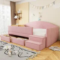 OKWISH Beklede bed 90x190, uitschuifbare slaapbank, afgeronde beschermingsreling, trap met antislip, 2 lades, kinderkamer, roze (zonder matras)