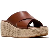 Original Brands Women Platfforms Espadrille Leather Wedge Cross Slides Deep Tan-Schoenmaat 43