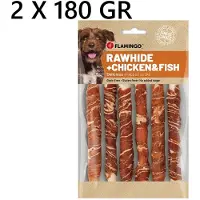 Flamingo hondensnack - rawhide met kip en vis - 180 gr - 6 st -15cm x 15mm- ***2 X** = 360 gr -12 st -- glutenvrij - graan vrij - geen toegevoegde suiker