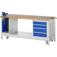 RAU Werkbank model 8185, verrijdbaar, neerlaatbaar, met kast en schuifladen, B 2000 x D 700 x H 880 mm