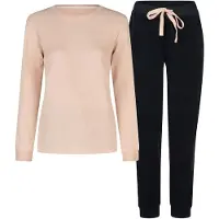 Louise Dames winter pyjama set lang badstof roze/donkerblauw gestipt