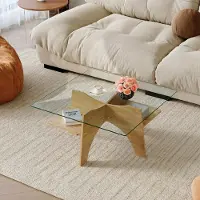 OKWISH Salontafel - Vierkant Minimalistisch Ontwerp - Voor Woonkamer En Balkon - Veiligheidsglas Transparant En MDF Licht Hout - 80x80x40 cm