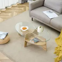 OKWISH Salontafel - Ovale Veiligheidsglas Tafelblad Met Onderplank - Voor Woonkamer En Eethoek - MDF Houtlook Transparant - 104,9×60 cm
