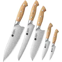 Xinzuo X02O Pin Series Messenset 5-delig – Olijfhouten Handvaten – 3-Laags Composietstaal met Stonewash Afwerking