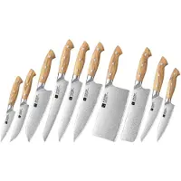 Xinzuo X02O Pin Series Messenset 10-delig – Olijfhouten Handvaten – 3-Laags Composietstaal met Stonewash Afwerking