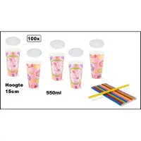 TakeAware 100x Milkshake beker Relax roze 550ml + 100x deksel + 100x rietjes color - Karton - Drinken beker thema feest festival evenement fun diner milkshakebeker