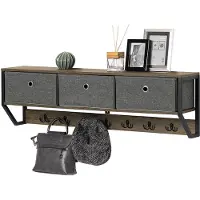 SoBuy Wandkapstok - Hangende Muurkapstok - halmeubel - Hangplank met 3 manden en 7 haken - Metaal en Hout - 100x20x30cm, FHK26-N