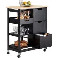 SoBuy Keukenkast met Wieltjes, Keukentrolley Serveerwagen met 3 Laden en 1 Verwijderbaar Plankje, Keukenopbergmeubel, Zwart, 68x38x85cm, FKW79-SCH