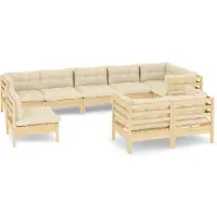 vidaXL 9-delige loungeset voor de tuin met crème kussens, gemaakt van massief grenenhout