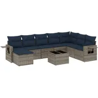 vidaXL 9-delige tuinbankset met kussens, grijs polyrotan
