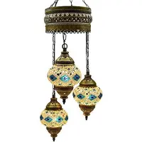 Halay Turkse hanglamp met 3 glazen bollen, een oosterse plafondlamp in turquoise en wit, handgemaakt, met een mozaïekontwerp