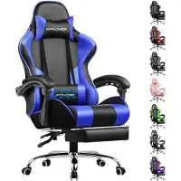 GTPLAYER Gaming-stoel, bureaustoel, ergonomische kantoorstoel met massagefunctie en voetsteun, metalen frame, handgreep, stalen voetbasis, blauw