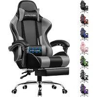 GTPLAYER Gaming-stoel, bureaustoel, ergonomische kantoorstoel met massagefunctie en voetsteun, metalen frame, handgreep, stalen voetbasis, grijs