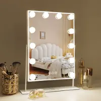 Vanitii Hollywood make-upspiegel - 360 graden Gratis Rotatie - Slim aanraakscherm - Drie Licht Instellingen - 10x Vergroting Vanity Spiegel - Desktop make-upspiegel - 30cm x 41cm Wit