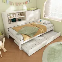 STILVORA Slaapbank 90x190 cm – Daybed Met Uitschuifbed – Opbergruimte In Achterwand Met Laadstation – Zonder Matras – Hout – Wit