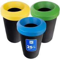 Kadax Afvalemmerset voor afvalscheiding, ronde vuilnisemmer van robuust kunststof, afvalemmer, afvalsorteerder, afvalverzamelaar, afvalscheidingscontainer (3 x 25 liter)