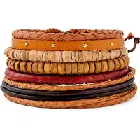 LGT JWLS Leren armbanden set met houten kralen bruin