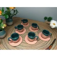 Halay Keramiek espressoset - handgemaakte koffie kopjes en schoteltjes - 6 stuks - vaatwasbestendig en ovenbestendig