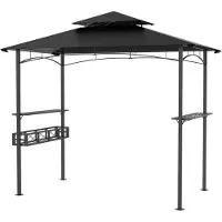 NaiZy Barbecue Paviljoen 245 x 153 x 250 cm Vlamvertragend BBQ Tuinpaviljoen Met Zonbescherming Dubbel Dak en Planken Vrijstaand Tuinpaviljoen Set Balkon Buitenkeuken voor Feest, Marktkraam (Zwart)