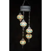 Halay Hanglamp multicolour blauw zilver glas mozaïek 5 bollen Turkse Oosterse Crèmewit Marokkaanse kroonluchter