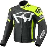 MUGENRACE Aggressore Zwart Wit Fluo Gele Leren Jas Maat 50
