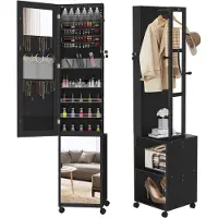 NaiZy Sieradenkast met spiegel spiegelkast make-upkast met wielen en 6 LED's afsluitbare sieradenopberger make-up organizer 3 in 1 met passpiegel staande spiegel, zwart