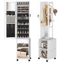 NaiZy Sieradenkast met spiegel spiegelkast make-upkast met wielen en 6 LED's afsluitbare sieradenopberger make-up organizer 3 in 1 met passpiegel staande spiegel, wit