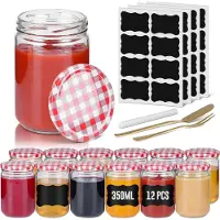 NaiZy kleine inmaak potten 12 stuks set Mason Jar ronde jam potten met metalen deksel 350ml Mini luchtdichte potten transparante inmaak pot voor honing, kruiden, jam (rood en wit geruit)