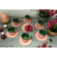 Halay Keramiek handgemaakt espressoset - koffiekopjes en schoteltjes - 6 stuks - donker groen en vaatwasbestendig