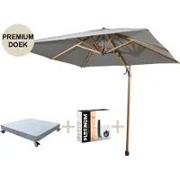 4 Seasons Outdoor Siesta premium zweefparasol 300x300 cm houtlook charcoal met robuust 90KG voet en hoes