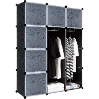 NaiZy 105x35x140cm Zwart Kledingkast Kunststof, Reksysteem Garderobekast met 12 Kubussen & Deur, Draagbare Planksysteem Slaapkamerkast, Combikast voor Kleding/Boeken/Speelgoed,