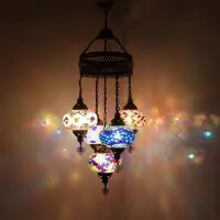 Halay Mozaïek hanglamp van koper - Turkse lamp met 5 lampen - Paaslampen met mozaïekglas, geschikt voor E14/E27 fittingen