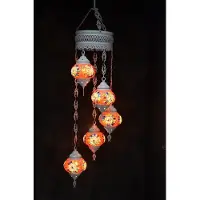 Halay Hanglamp multicolour rood glas mozaïek 5 bollen Turkse Oosterse Crèmewit Marokkaanse kroonluchter