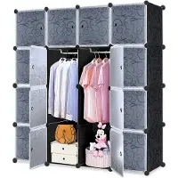 NaiZy 140x35x140cm Zwart Kledingkast Kunststof, Reksysteem Garderobekast met 16 Kubussen & Deur, Draagbare Planksysteem Slaapkamerkast, Combikast voor Kleding/Boeken/Speelgoed,
