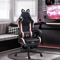 OKWISH Gamestoel - Met Kattenoren, Voetsteun En Verstelbare Rugleuning - Kunstleer - Zwart - Draaibaar En Comfortabel