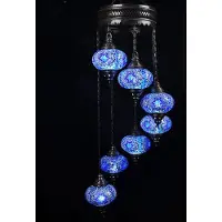 Halay Turkse hanglamp - mozaïek glas blauw - 7 bollen - hoogte 145 cm diameter 13 cm