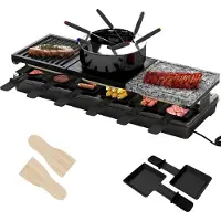 NaiZy Racletteset voor 12 personen, elektrische grill met granieten grillplaat, antiaanbakpan (omkeerbaar), hotpot grillpan, 12 kleine schalen en 12 houten spatels, dubbellaagse tafelgrill