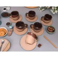 Halay Keramiek handgemaakt espresso en theekopjes - koffietassen en schoteltjes - 6 stuks - bruin en vaatwasbestendige theeset