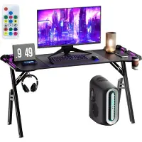 NaiZy Gamingtafel 140cm Gamingtafel incl. Koptelefoonstandaard Waterbekerhouder Bureau Koolstofvezel Bordspel Computertafel Ergonomische PC-tafel met kabelgat en LED