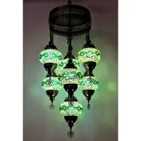Halay Hanglamp met zeven bolvormige elementen van groen mozaïekglas - Turkse hanglamp met zeven mozaïekglazen bollen - Oosterse plafondlamp