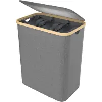 NaiZy 140 l wasmand van Oxford-weefsel, 3 vakken, afneembare wasverzamelaar met bamboeframe, opvouwbare waszak, wasboxen met handvat en deksel, wassorteerder, wasmand voor bijkeuken, grijs