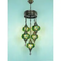 Halay Turkse hanglamp mozaïek glas groen - 5 bollen - hoogte 110 cm - E-14 fitting