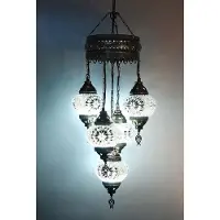 Halay Turkse hanglamp - mozaïek glas wit - 5 bollen - hoogte 110 cm - E-14 fittingen