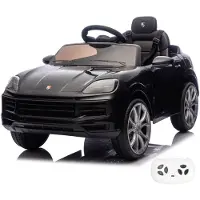 Vrooomy Porsche Cayenne 12V Elektrische Kinderauto 1 tot 5 jaar – Officieel Gelicentieerd met Vernieuwde Li-ion Accu – Luxe SUV met Lederen Zitje, Bluetooth & EVA-Banden – Zwart