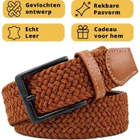 Garzini Elastische Riem Heren - Gevlochten Broekriem Heren zonder gaatjes - Broekriem zonder gaatjes - W31-W33 (91-99 cm) - Licht Bruin
