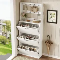 STILVORA Schoenenkast Garderobe - 3 Deuren En 8 Haken - Schoenen Opbergen Voor Hal Slaapkamer - Spaanplaat - Wit - 70x25x165 Cm